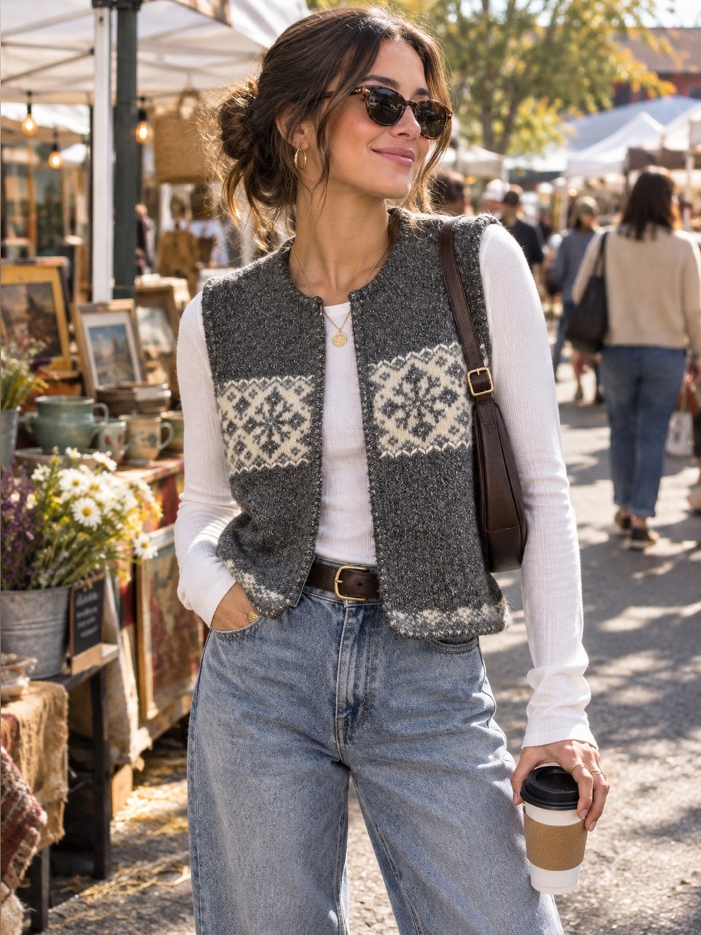 Knit Sweater Vest Fair Isle Snowflake Pattern Zip-Up Cottagecore Woman’s Size S